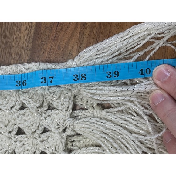 Handmade Crochet Shawl Metallic Sparkle Ivory Fringe Boho Wrap - Picture 10 of 11